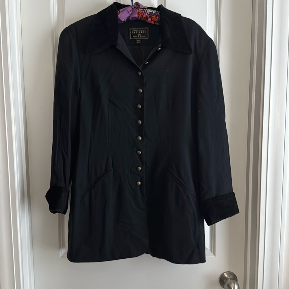 Vintage Express Long Blazer black wool and velvet size 9/10 A00152